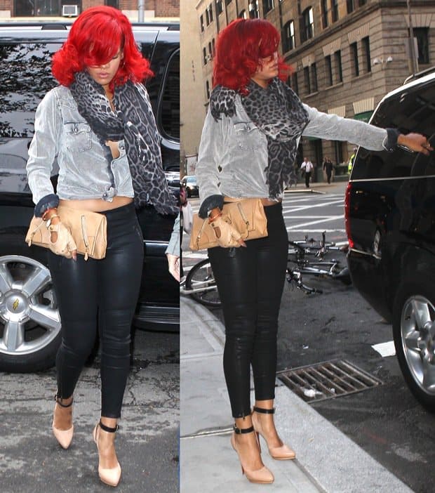 Rihanna exudes elegance as she arrives at Da Silvano restaurant on September 28, 2010, her leopard-print YSL scarf complementing her fiery hair and chic outfit
