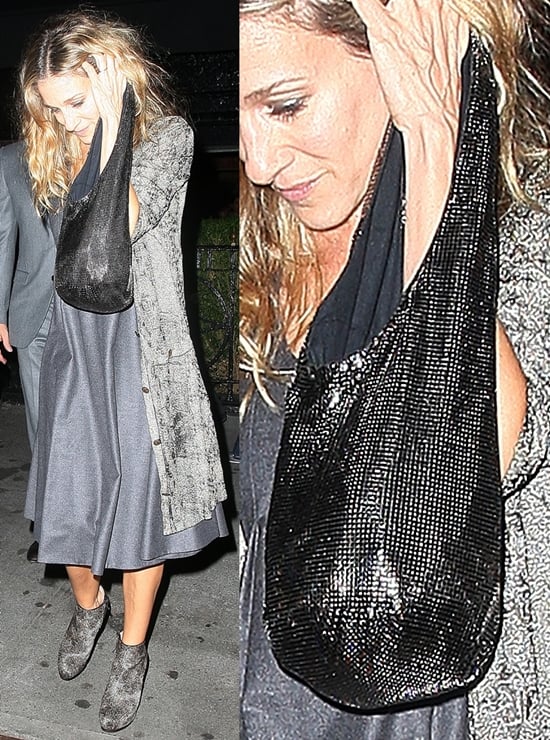 Sarah Jessica Parker showcasing her Halston Heritage Cleo Small Sac Bag while leaving The Lion restaurant in West Village after dinner with her husband, Matthew Broderick, and news anchor Anderson Cooper on October 10, 2010