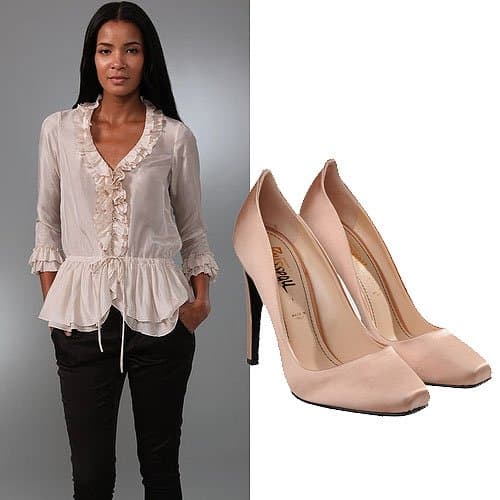 Rebecca Taylor Ruffled Chiffon Blouse in Powder / Jerome C. Rousseau Aizza Satin Pumps