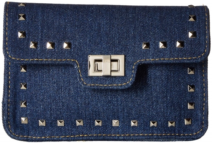 Polished pyramid studs and a statement guitar strap add rock 'n' roll edge to a festival-ready denim bag