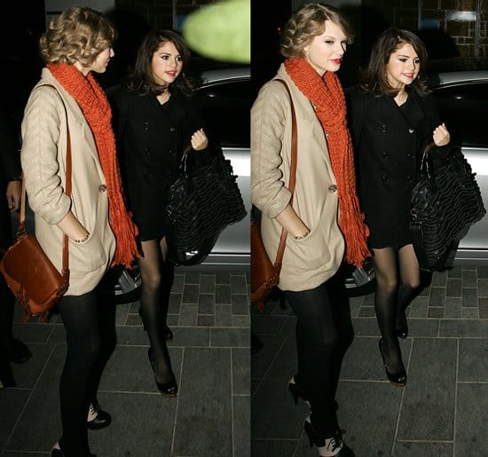 Taylor Swift and Selena Gomez arriving for dinner at Jamie's Italian restaurant in Covent Garden