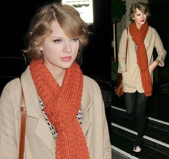 On her London outing on October 21, 2010, Taylor Swift elegantly donned a Myne Hilliary silk dress in bird print, complemented with Topshop 120 denier navy tights, a Topshop knot tassel scarf in burnt orange, Bass Glenbrook Oxfords, and a Ralph Lauren Larchmont cross-body bag