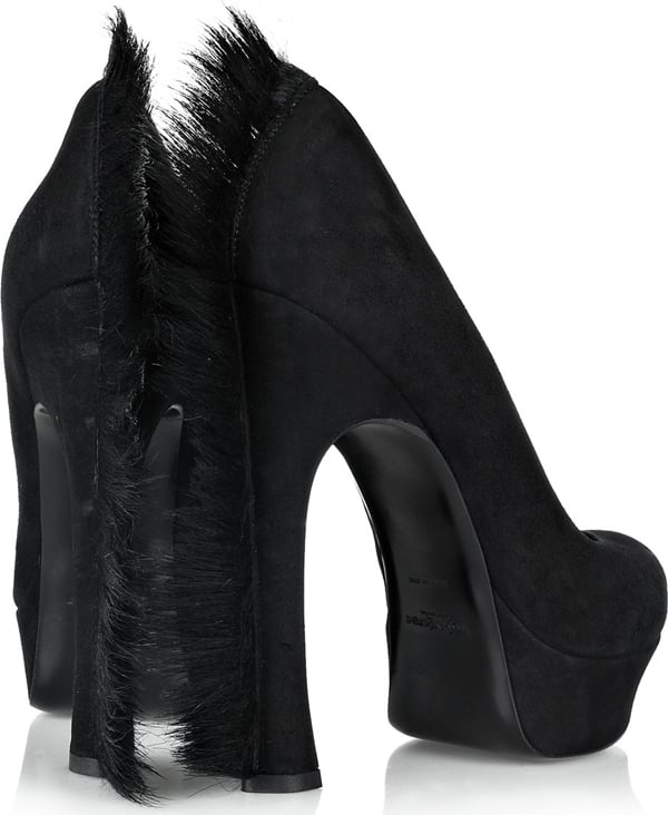 The black fringe mohawk on the Yves Saint Laurent "Palais 105" pumps runs the full length of the back of the shoe