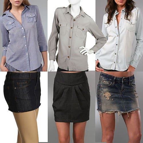 Elevated Denim Styles: 1) Elizabeth and James Chambray Shirt paired with Hurley Denim Skirt. 2) Current/Elliott's Pale Gray Shirt and Citizens of Humanity High-Rise Skirt. 3) Blank Denim's Boyfriend Shirt with a Prps Denim Skirt