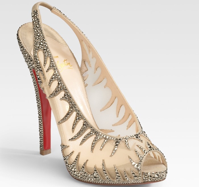 Christian Louboutin Gold Maralena Crystal Covered Mesh Peeptoe Pumps