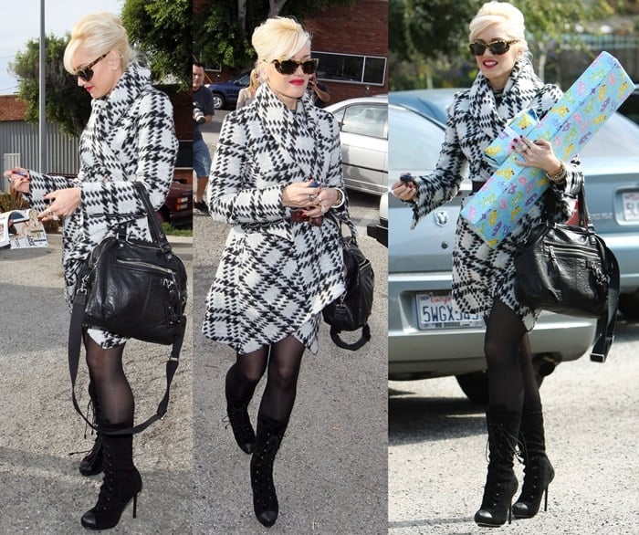 Gwen Stefani wearing a plaid shawl collar jacket with lace-up boots