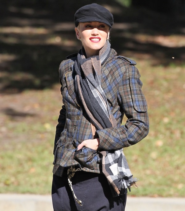 Gwen Stefani spotted in a stylish L.A.M.B. military plaid blazer, effortlessly blending fashion and function