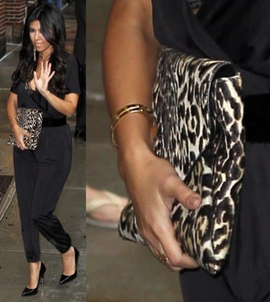 Kourtney Kardashian, seen here arriving at 'The Late Show with David Letterman' at the Ed Sullivan Theater, New York City, on September 6, 2011, adds a touch of wild elegance with her animal print Givenchy bag