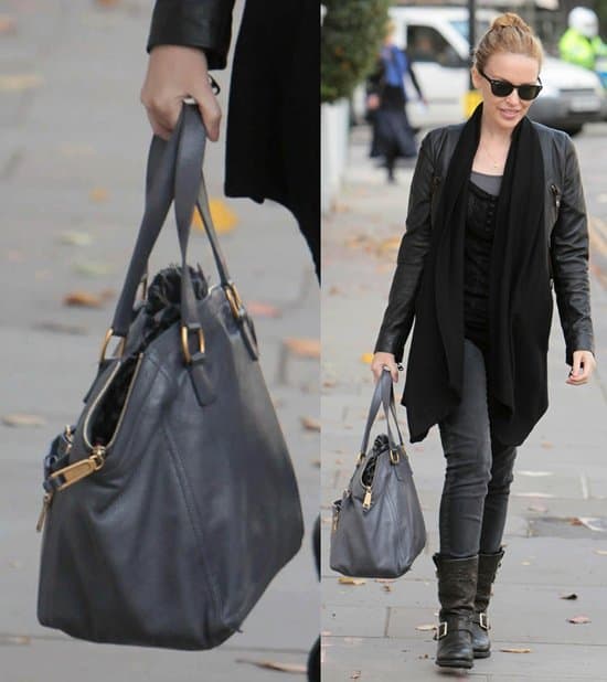 Kylie Minogue looks effortlessly chic and years younger in classic black Ray-Ban Wayfarer sunglasses while running errands in London on November 4, 2010