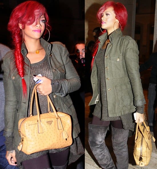 Rihanna, arriving at Rai Studios for her 'X Factor' performance in Milan on November 9, 2010, showcases her Prada Resort 2010 collection saffiano ostrich leather top handle bag, priced at $1,495