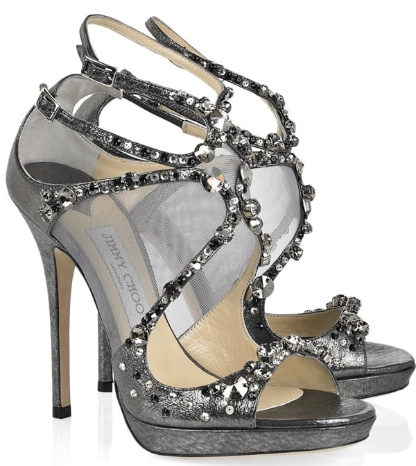 Jimmy Choo Gray Anthracite Metallic Leather 'Viola' Crystal Detailed Sandals