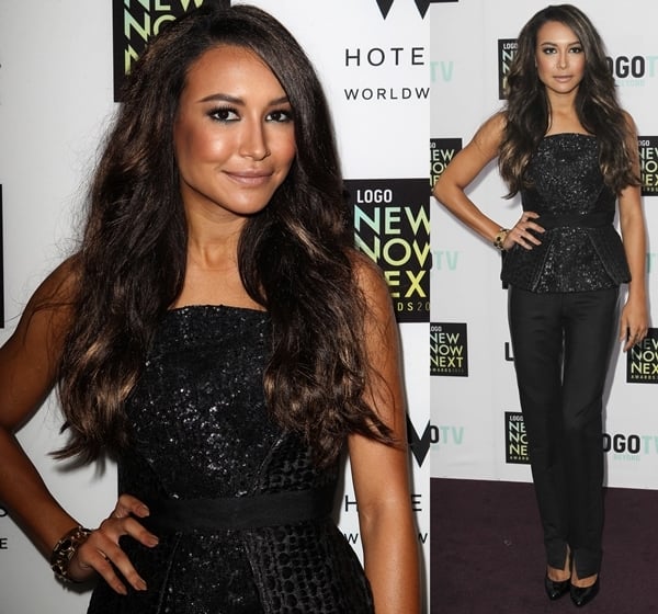 At the 6th Annual Logo NewNowNext Awards in Los Angeles on April 13, 2013, Naya Rivera was seen wearing a stunning ensemble by Monique Lhuillier consisting of a metallic jacquard strapless pleated peplum top and matching pants