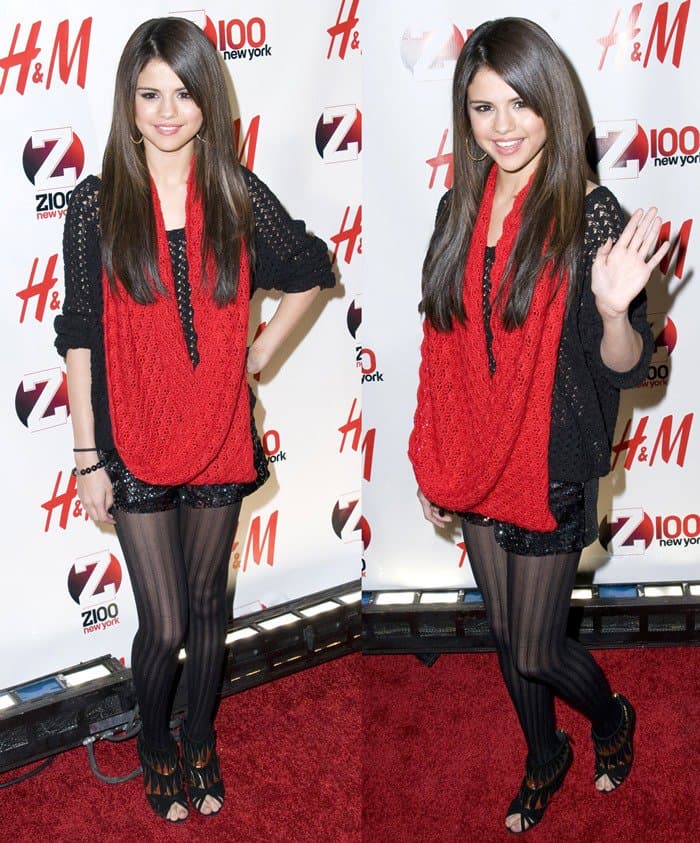 Selena Gomez embraces bold style with a striking red knitted scarf at Madison Square Garden, December 2010