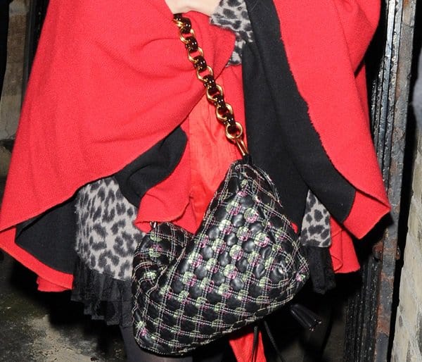 Close-up of Sienna Miller's unique Marc Jacobs Robert Jennifer shoulder bag