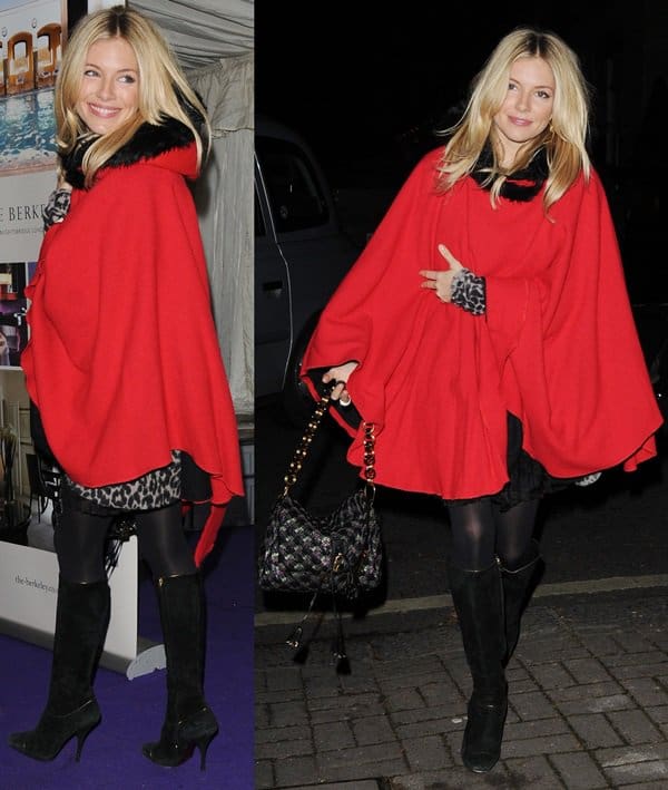 Sienna Miller exudes elegance in a striking red cape at the St. Paul’s Knightsbridge carol service, London, December 7, 2010