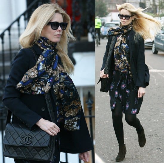 Fashionable School Run: Claudia Schiffer, effortlessly stylish, dons a vibrant silk scarf while dropping her daughter off at school in London, January 19, 2011