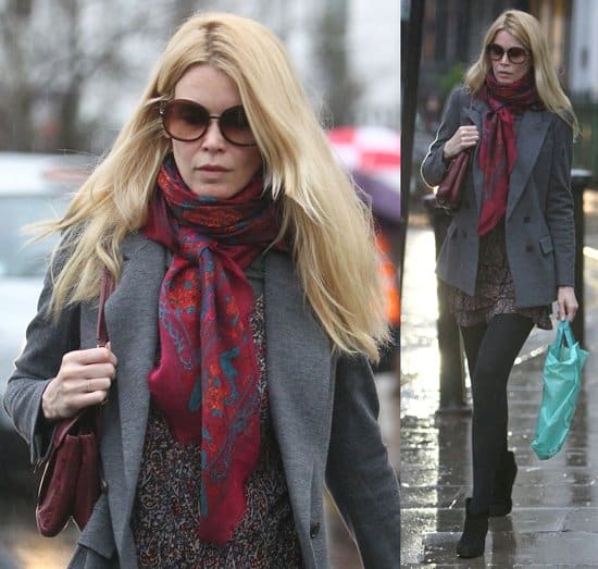 Chic School Morning: Claudia Schiffer radiates casual elegance, sporting a distinctive silk scarf, while dropping her daughter off at school in London, January 17, 2011
