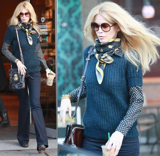 Casual Elegance Post-Coffee Run: Claudia Schiffer is spotted leaving Starbucks, exuding casual chic with her signature silk scarf, following a school drop-off in London, January 18, 2011