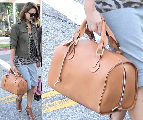 Jessica Alba carries Chloé's Aurore leather duffle bag while leaving Bel Bambini