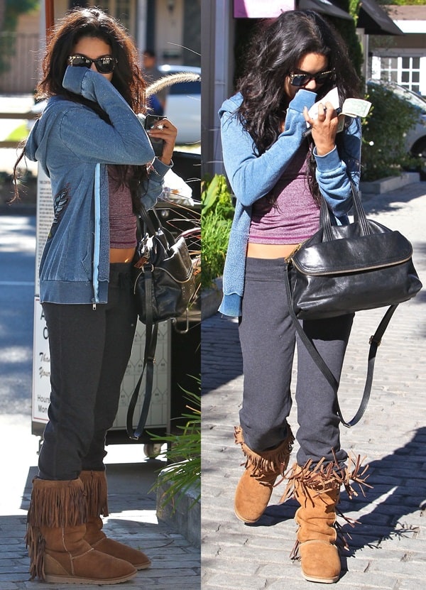 Vanessa Hudgens spotted in fringe boots and a Chaser Van Halen hoodie, showcasing her unique style