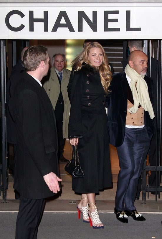 Blake Lively and Christian Louboutin arrive at the CHANEL dinner hosted in honor of Blake Lively during Paris Fashion Week on March 5, 2011, in Paris, France