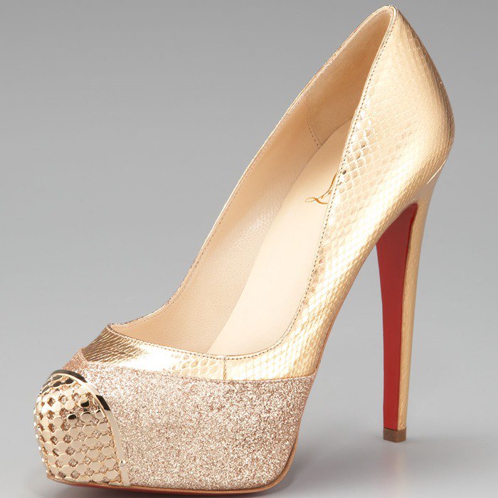 Christian Louboutin Gold Maggie Glitter & Snake Platform Pump