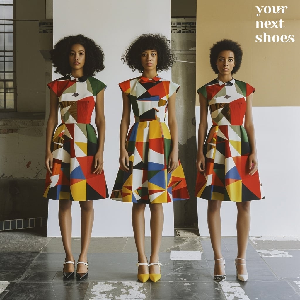 Three models in vibrant, geometric print dresses paired with elegant heels create a striking tableau of modern fashion