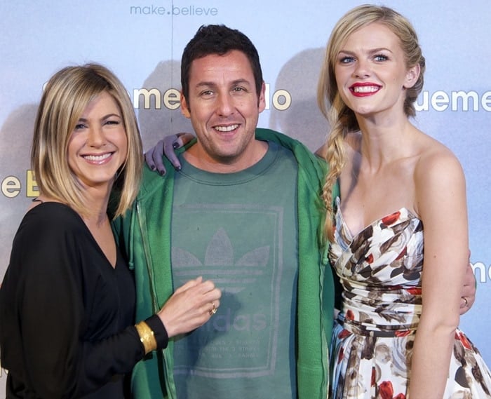 Jennifer Aniston, Adam Sandler, and Brooklyn Decker attend the premiere of their movie "Just Go With It"