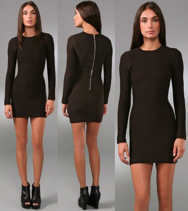 This crew-neck jersey dress features allover, thin horizontal pintucks