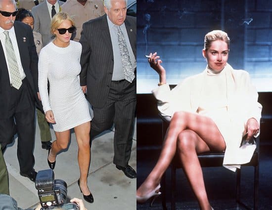 Lindsay Lohan before she faced a felony grand theft charge in court, looking very similar to Sharon Stone in the 1992 erotic thriller Basic Instinct