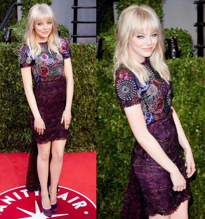 Emma Stone in a Chanel Haute Couture train dress and Salvatore Ferragamo double platform pumps in purple satin