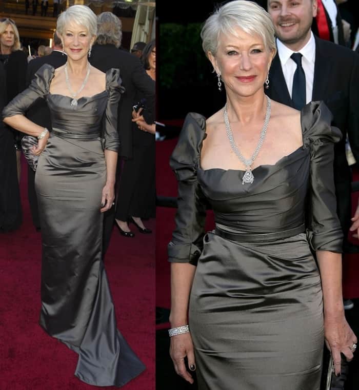 Dame Helen Mirren in a Vivienne Westwood Couture gown and Sergio Rossi sequined platform pumps