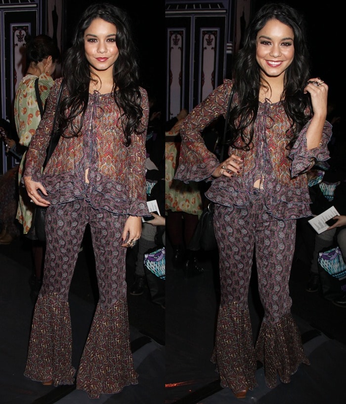 Vanessa Hudgens embraced full '70s boho glam at the Anna Sui Fall 2011 fashion show on February 16, 2011, wearing a sheer, ruffled paisley-print blouse and matching bell-bottoms from Anna Sui's Spring 2011 collection, paired with platform heels peeking through the flared hems and a Cole Haan Phoebe leather crossbody bag for a vintage-inspired finish