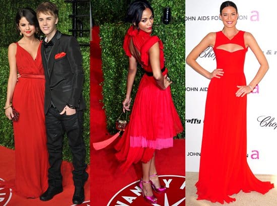 Selena Gomez and Justin Bieber both in color-coordinated Dolce & Gabbana; Zoe Saldaña in a Prabal Gurung Spring 2011 pink and red dress; Odette Yustman in a Monique Lhuillier cutout red gown