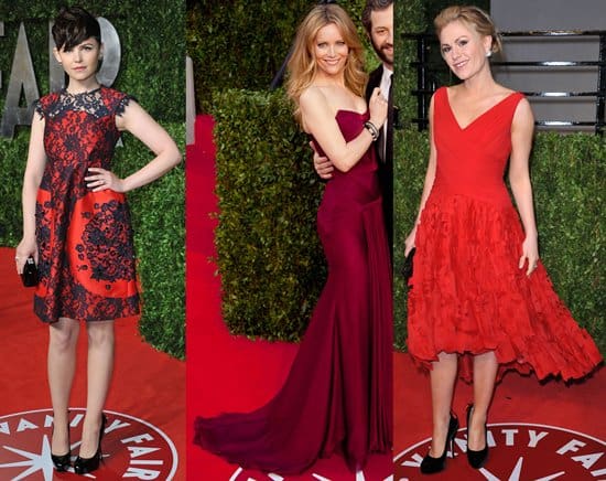 Ginnifer Goodwin in an Erdem Fall 2009 navy lace overlay red dress; Leslie Mann in a Versace wine red strapless gown; Anna Paquin in a Monique Lhuillier shredded skirt red cocktail dress