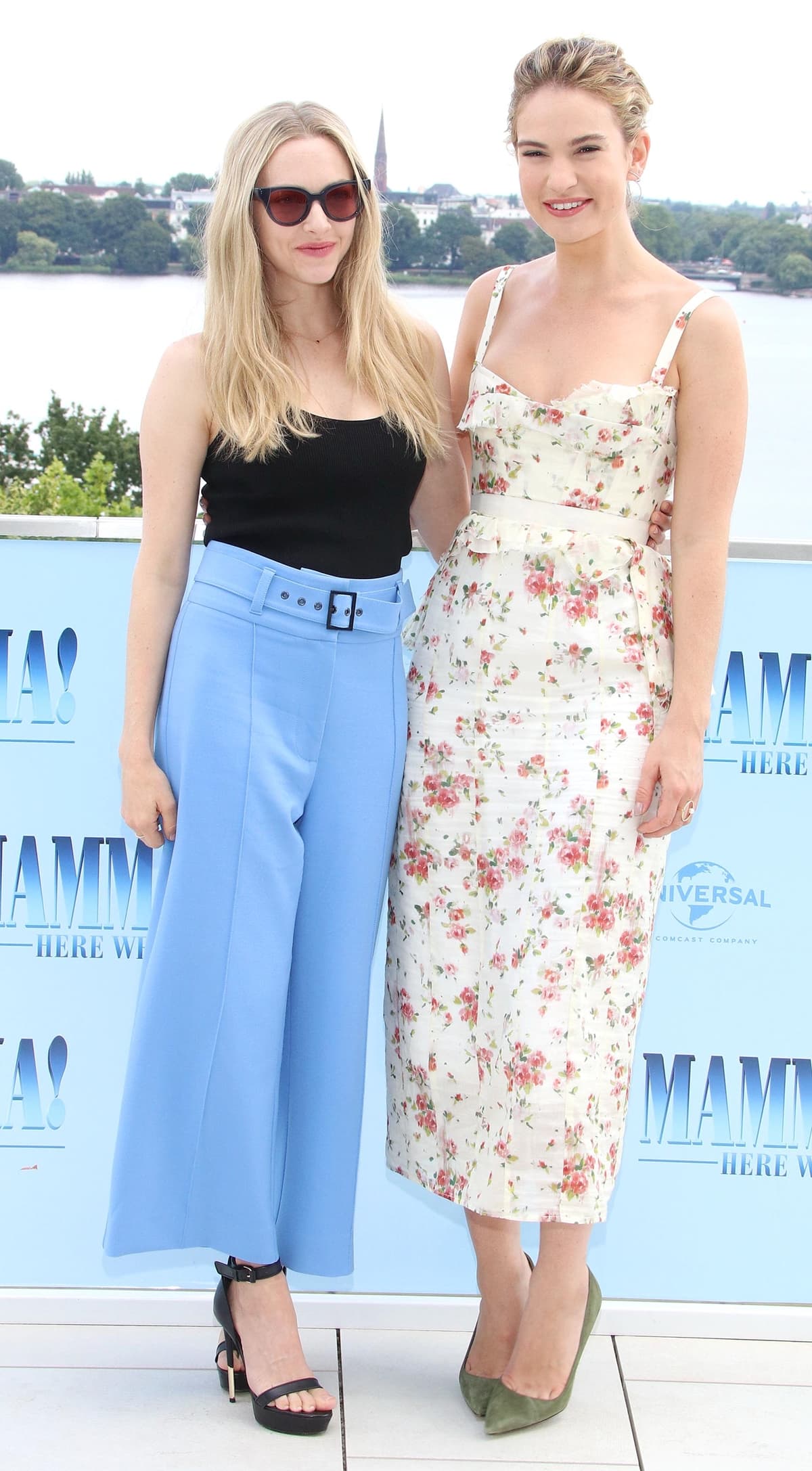 Actresses Amanda Seyfried (5' 2 ½", 158.8 cm) and Lily James (5' 7", 170.2 cm) stood side-by-side during the "Mamma Mia! Here We Go Again" musical photo call in Hamburg, Germany, on July 12, 2018, with a height difference of approximately 11.4 centimeters (4.5 inches)