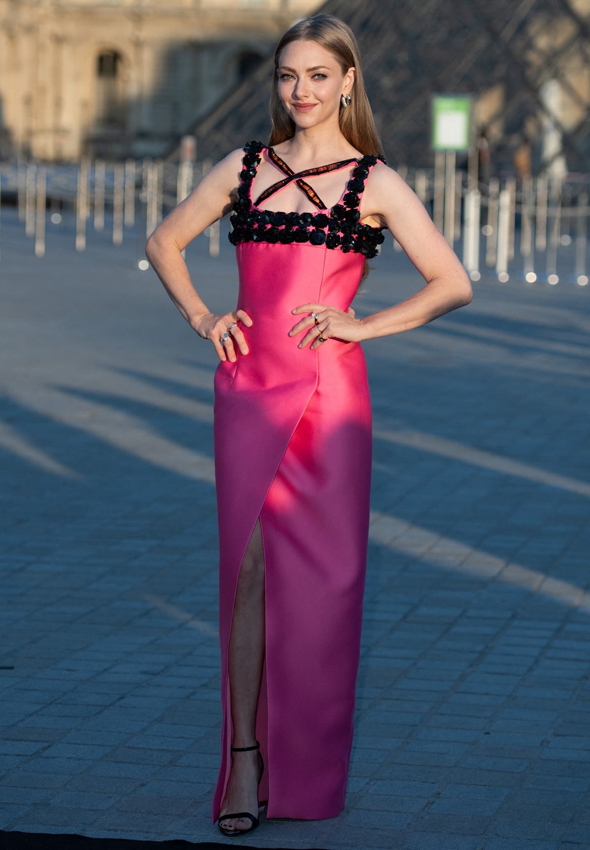 Amanda Seyfried stuns in a vibrant pink gown with black floral detailing at the Lancome X Louvre photocall during Paris Fashion Week