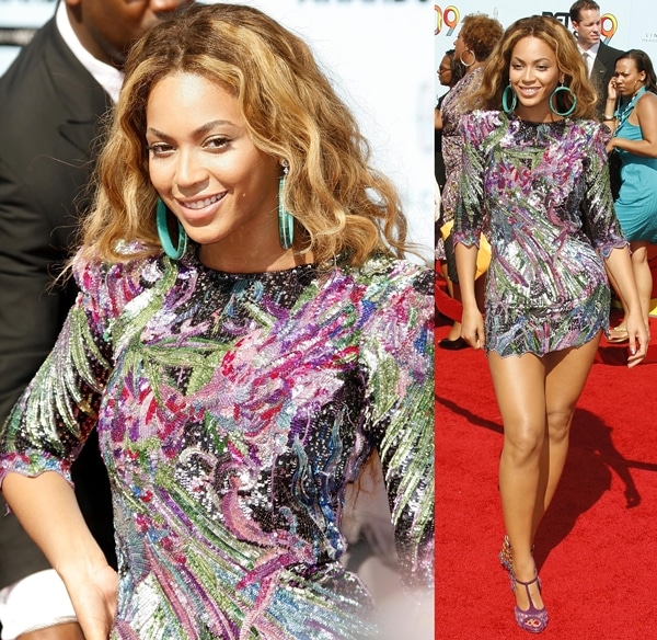 Beyonce Knowles wearing a Balmain 2009 sequin mini dress at the 2009 BET Awards held at the Shrine Auditorium in Los Angeles, on June 28, 2009