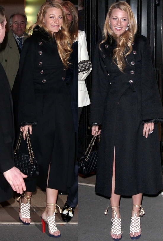 Blake Lively masters Parisian chic at the Chanel dinner, pairing a sophisticated black military-style coat with statement Christian Louboutin lace-up sandals
