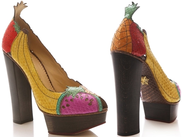 These suede & leather fruit covered pumps are from Charlotte Olympia's Spring 2011 Collection
