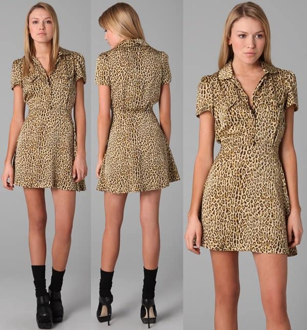 This leopard-print dress features a Peter Pan collar and a 5-button closure