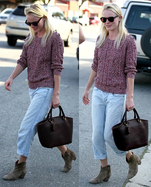 Kate Bosworth makes a fashionable exit from Opening Ceremony in West Hollywood, accessorizing her look with Vanessa Bruno's elegant Cabas box bag in a classic brown – a statement of understated luxury