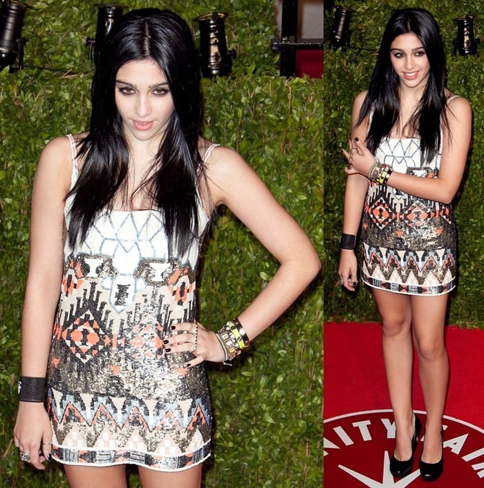 Lourdes Leon flaunted her long legs in a tiny Aztec-inspired AllSaints mini dress