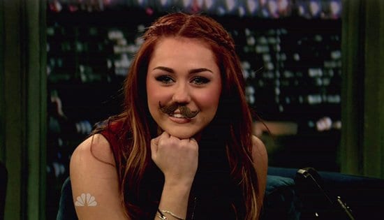 Miley Cyrus wore a fake mustache while making an appearance on Late Night with Jimmy Fallon