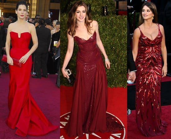 Sandra Bullock in a Vera Wang strapless red gown; Anne Hathaway in an Atelier Versace Spring 2011 wine red gown; Penelope Cruz in L’Wren Scott Spring 2011 fiery red gown