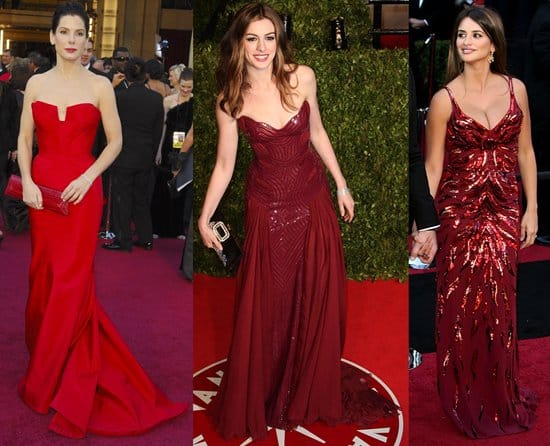 Sandra Bullock in a Vera Wang strapless red gown; Anne Hathaway in an Atelier Versace Spring 2011 wine red gown; Penélope Cruz in L’Wren Scott Spring 2011 fiery red gown