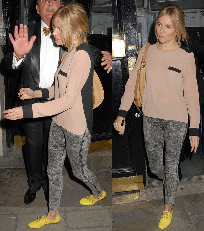 Sienna Miller wears a pair of bright yellow shoes while leaving the Theatre Royal Haymarket