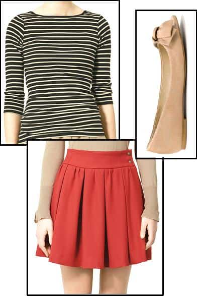 Zara Organic Cotton T-Shirt / Zara Pleated Skirt / Zara Flat Peep Toe Shoe with Bow