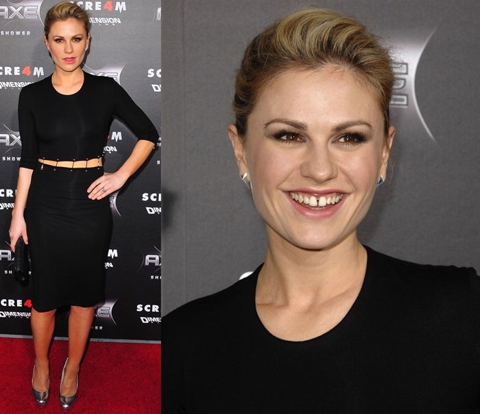 Anna Paquin poses in a black Cushnie et Ochs Fall 2011 jersey dress and metallic silver Brian Atwood 'Maniac' pumps