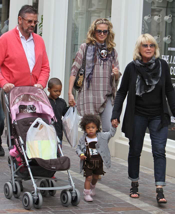 Heidi Klum, along with her children and parents, Günther Klum and Erna Klum, at The Grove in Los Angeles